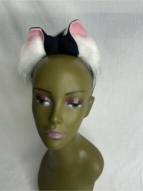 2282 - Faux Fur Cat Ear Headband in Black and White with Pink Accents